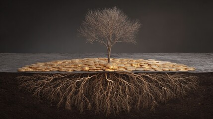 Roots Absorb Energy From Gold Coins as a Finance Metaphor in a Creative Visualization