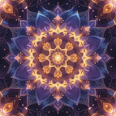 Symmetrical floral design with gradients of purple, gold, and blue. Intricate details create a glowing, ethereal effect