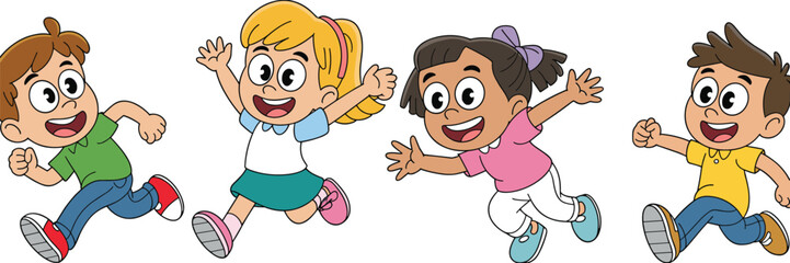 Cute cartoon illustration of four happy children running and jumping together, cheerful kids showing joy, friendship, and playful childhood fun