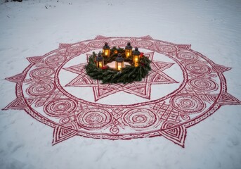 Festive wreath with lanterns on snow mandala creating a warm and inviting winter scene outdoors