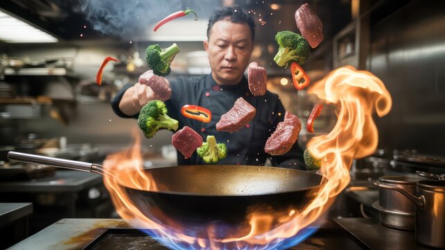 Dynamic Action Shot of a Professional Chef Tossing a Fiery Stir-Fry in a Wok