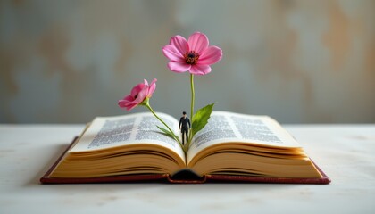 Miniature Figure Standing on an Open Book Surrounded by Pink Flowers in a Soft Background