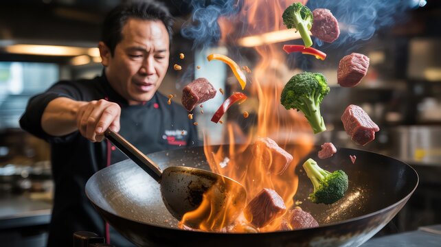 Dynamic Action Shot of a Professional Chef Tossing a Fiery Stir-Fry in a Wok - Powered by Adobe