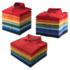 Three stacks of folded colorful polo shirts with quality tags.