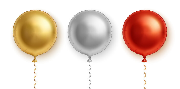 3d realistic vector icon illustration. Set of colorful inflatable ballons in gold, silver and red color with golden ribbon, isolated on white background.