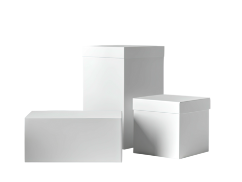Three white, minimalist boxes on a black background