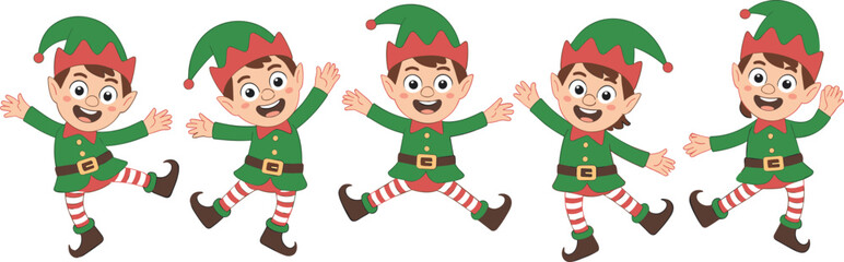 cute christmas elves cartoon illustration, happy santa helpers, festive holiday characters, cheerful elf group, christmas decoration design, vector artwork