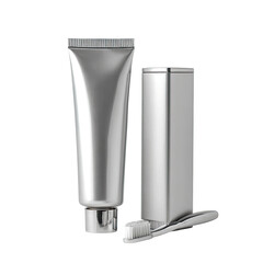 Silver toothbrush, toothpaste tube, and box isolated on black