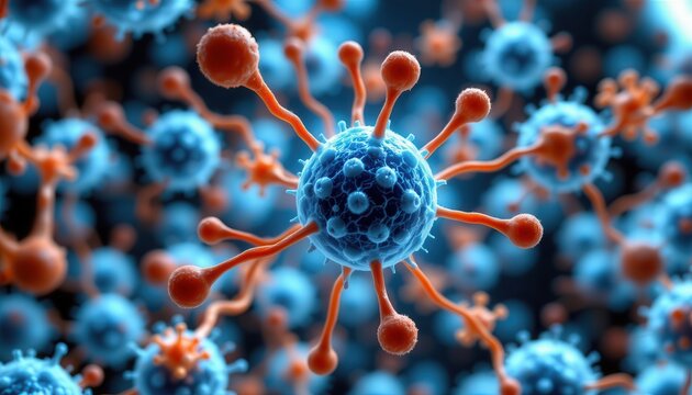 Detailed close-up view of virus particles with striking blue and orange colors on a blurred scientific background