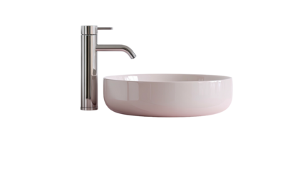Round blush basin with metal tap against a stark black background