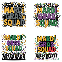 Mardi Gras Squad Silhouettes with Masks and Beads Festive Designs group people
