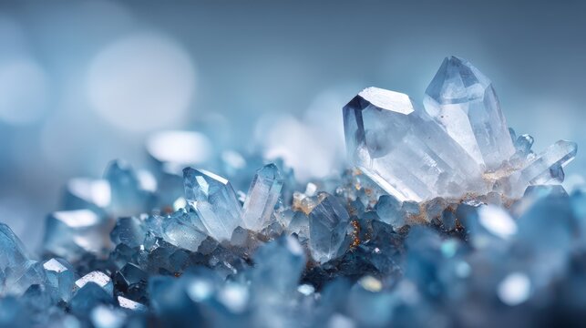 Close-up macro photograph of quartz crystal cluster forming a shimmering icy background