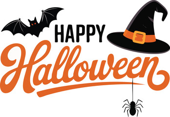 Fototapeta premium Vintage Halloween party invitation vector illustration banner design with scary black bat sign and happy pumpkin art