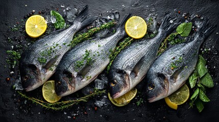 Top view of multiple fresh whole fish with herbs and lemon slices on dark stone surface, moisture and ice texture visible, professional food styling, 8k realistic detail, copy space