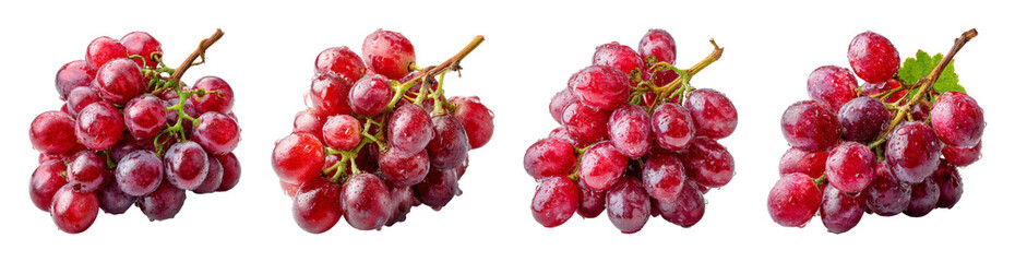 Juicy red grapes on vine with water droplet detail, perfect for healthy eating and wine promotion PNG set with transparent background