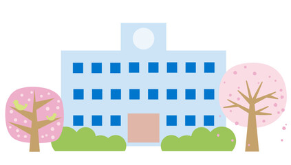 校舎の両側に満開の桜がある学校の風景イラスト