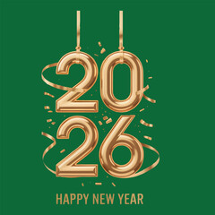 Golden balloons forming 2026 with confetti and happy new year text