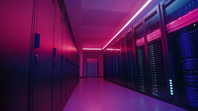 The interior of a large modern server room in a futuristic neon light Cloud data storage or data center
