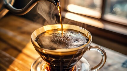 Atmospheric Close-Up of Pour-Over Coffee Brewing Process with Steam in Morning Sunlight