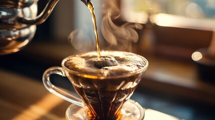 Atmospheric Close-Up of Pour-Over Coffee Brewing Process with Steam in Morning Sunlight
