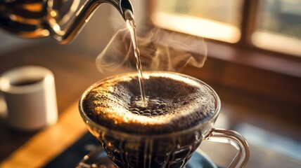 Atmospheric Close-Up of Pour-Over Coffee Brewing Process with Steam in Morning Sunlight
