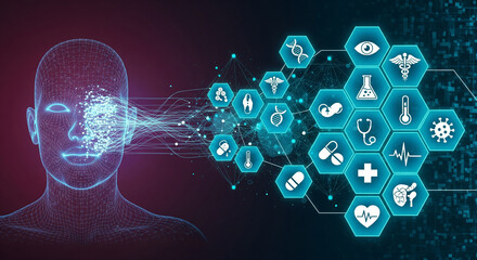 Futuristic Health Diagnosis and Bio-Technology Interface, Wireframe Man and Hexagonal Medical Symbols