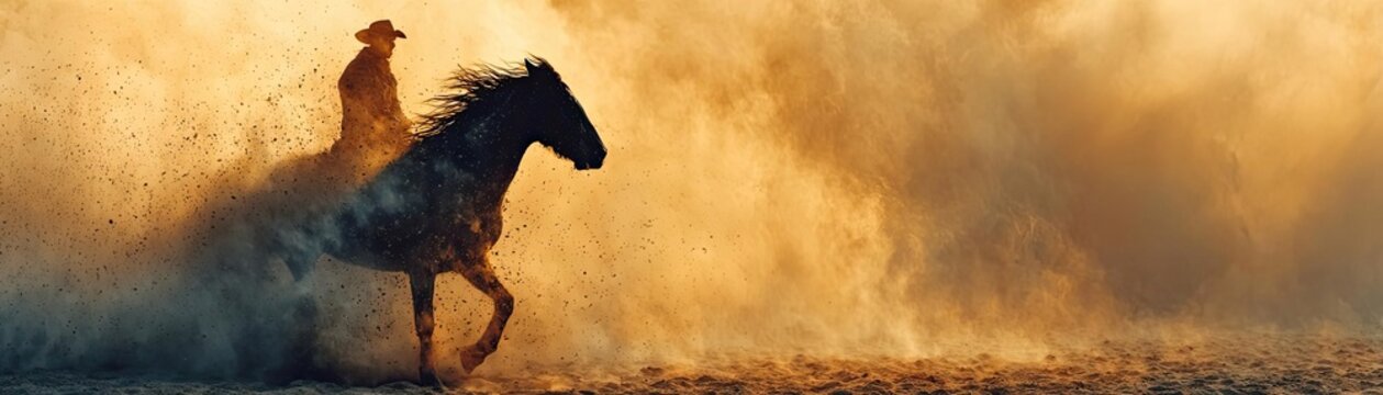 Cowboy rides bronco horse in dusty rodeo arena concept. A silhouette of a rider on a horse amid swirling dust clouds.