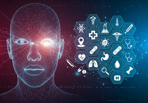 Artificial Intelligence (AI) in Medicine and Healthcare Concept, Digital Human Face Scanning Medical Icons Interface