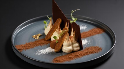 Artistically Plated Gourmet Tiramisu Dessert with Chocolate and Cream on a Dark Background