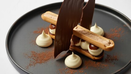 Artistically Plated Gourmet Tiramisu Dessert with Chocolate and Cream on a Dark Background