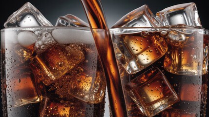 Dynamic Close-Up of Refreshing Cola Pouring Over Ice Cubes in a Glass with Fizzing Bubbles