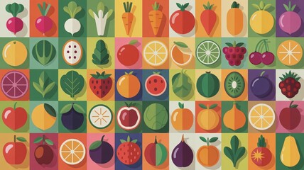 Vibrant geometric pattern of healthy fruits and vegetables for modern designs