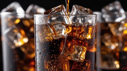 Dynamic Close-Up of Refreshing Cola Pouring Over Ice Cubes in a Glass with Fizzing Bubbles