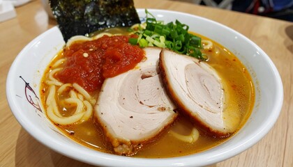 Tasty Ramen With Meat Slices And Salsa
