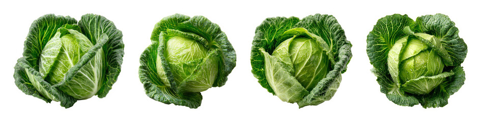 Obraz premium Fresh green cabbage heads with water drops, studio lighting on black background, perfect for healthy eating and culinary design PNG set with transparent background