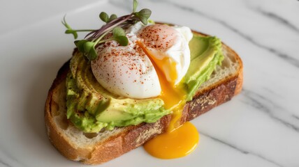 Gourmet Avocado Toast with a Runny Poached Egg and Dripping Yolk on Sourdough Bread