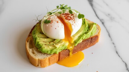 Gourmet Avocado Toast with a Runny Poached Egg and Dripping Yolk on Sourdough Bread