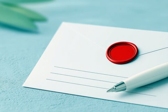 A white envelope with a red wax seal and a white pen rests on a textured blue surface, with blurred green leaves in the background. - Powered by Adobe