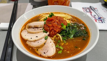 Tasty Ramen With Meat Slices And Salsa