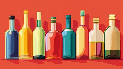 Vector illustration of colorful bottles on a red background