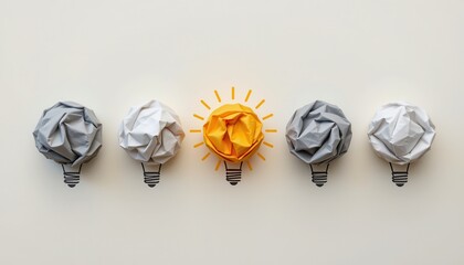 Creative Paper Craft of Light Bulbs Representing Ideas with a Bright Sun Illustration in the Center