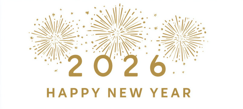 New Year card design featuring golden fireworks forming number 2026, celebrating arrival of joyful and prosperous year ahead. festive and vibrant design for occasion