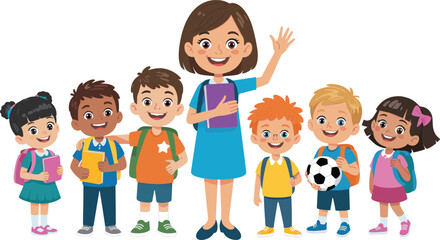 happy teacher with diverse group of children, cartoon school illustration, kids education concept, classroom learning, teacher and students, vector