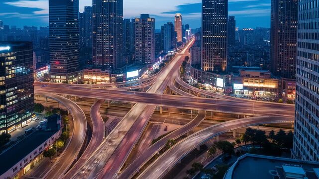 Aerial night cityscape with highways weaving between skyscrapers