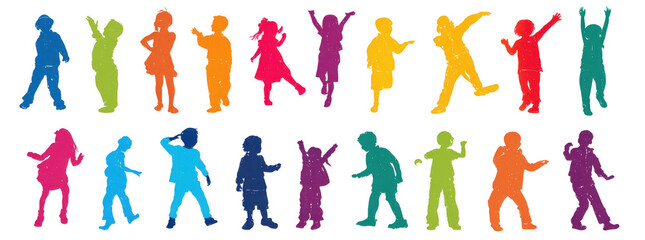 Colorful vector silhouettes of children playing, dancing, and expressing joy. vibrant hues create lively atmosphere, showcasing energy and happiness of childhood