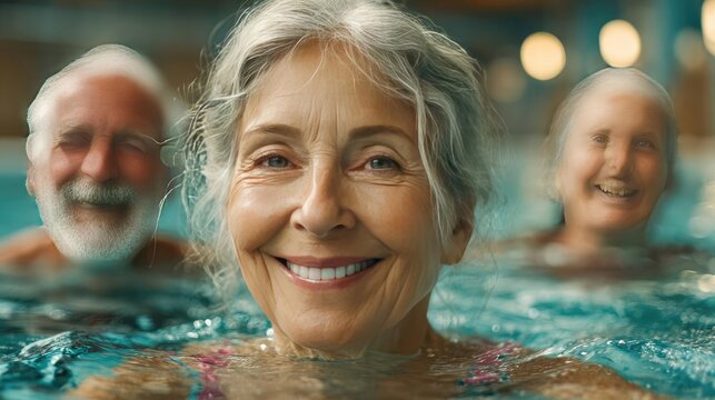 Senior women enjoying group swimming class in pool concept. Happy elderly woman enjoying swimming in a relaxing pool.