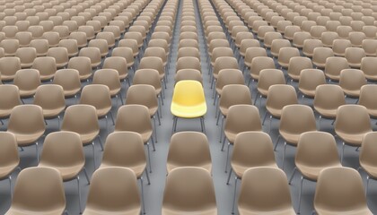 Obraz premium Unique Yellow Chair Surrounded by Rows of Identical Beige Chairs in a Vast Empty Auditorium Setting