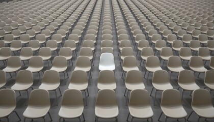 Fototapeta premium Vast Assembly of Empty Plastic Chairs in a Symmetrical Pattern Within a Spacious Indoor Venue