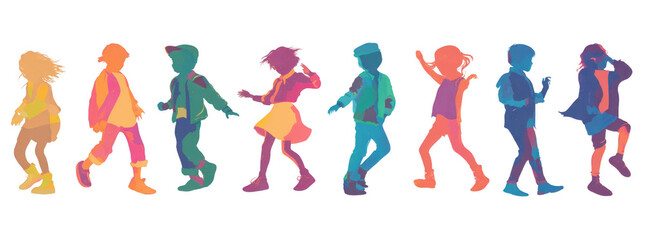 Colorful silhouettes of children in various poses, showcasing joy and movement. vibrant hues create lively atmosphere, capturing essence of childhood playfulness and energy