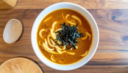 Top View Of A Bowl Of Japanese Curry Udon, A Traditional Noodle Dish